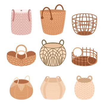 Wicker Baskets Set In Different Sizes And Shapes, Crafted With Natural Materials Like Rattan, Bamboo, Or Willow vector