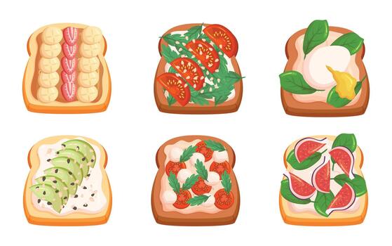 Sandwiches Set Features Different Fillings such as Tomatoes with Mozzarella and Greenery, Strawberry with Banana, Eggs vector