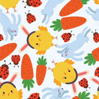 sin costura vistoso modelo con encantador Pascua de Resurrección elementos tal como conejitos, dama insectos, zanahorias y polluelos vector