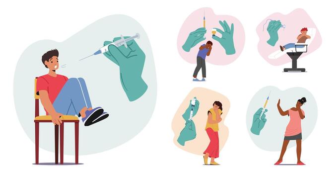 Set Of Characters Experience Common Phobia Of Injections, Displaying Anxiety And Fear. Reaction Leading To Avoidance vector