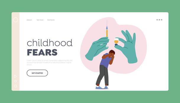 Childhood Fears Landing Page Template. Little Boy With Apprehensive Expression While Receiving Injection vector