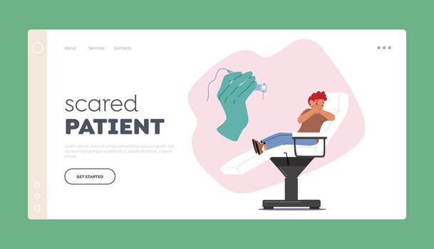 Scared Patient Landing Page Template. Little Boy Character Feel Fear Of The Injection and Crying At The Dentist Cabinet vector