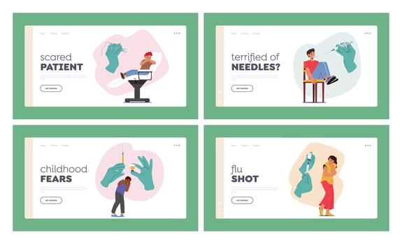 Characters Experience Phobia Of Injections Landing Page Template Set. Reaction Leading To Avoidance Behavior vector