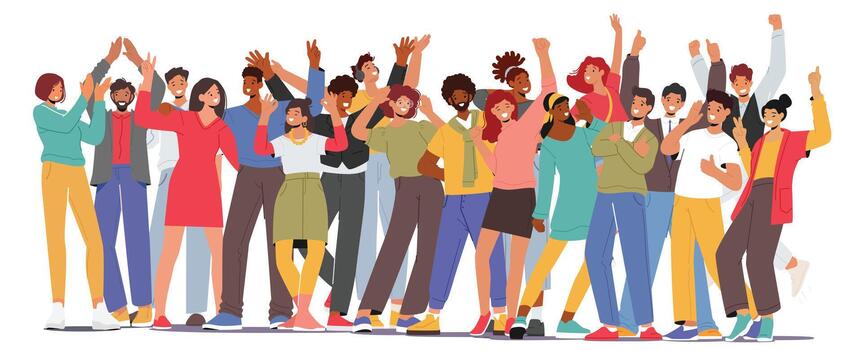 Euphoric And Ecstatic Characters Gathered Together In Joyous Atmosphere. Lively Crowd Radiates Positive Energy vector