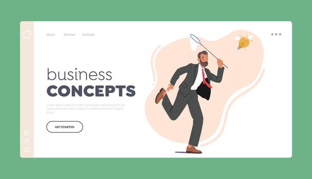 Business Concepts Landing Page Template. Businessman Character Chasing Flying Light Bulb Trying to Catch with Net vector