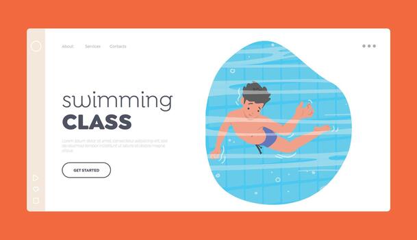 Swimming Class Landing Page Template. Boy Float In Clear Water Of Pool. Child Character Relax in Peaceful Atmosphere vector
