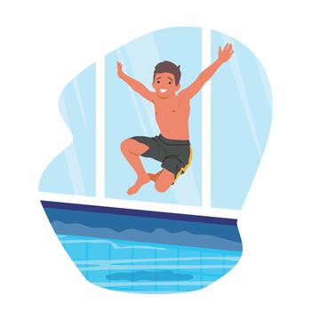 Youngster Character Jump into Crystal-clear Pool Water. Playful Kid Joyfully Playing, Child Enjoying Dip In The Pool vector