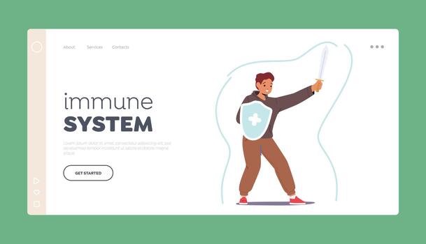 Immune System Landing Page Template. Young Child Character With Powerful Immunity Shield and Sword Fight Against Germs vector