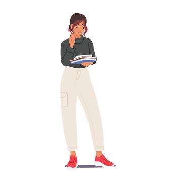 Student Girl Character Standing With Pen And Notebooks In Hand. Studious And Organized Person Learning vector