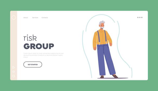 Risk Group Landing Page Template. Senior Man Inside of Strong Immunity Shield, Robust Health And Secure Immune System vector