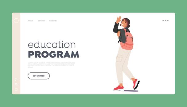 Education Program Landing Page Template. Cheerful Girl Student Character Waving Hand With Backpack On Back vector