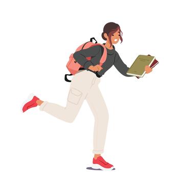 estudiante niña personaje corriendo con mochila y pila de libros en manos siendo tarde a lecciones en Universidad o Universidad vector