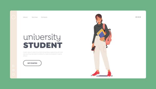 University Student Landing Page Template. Girl Character With Books Portrays An Enthusiastic Learner Illustration vector