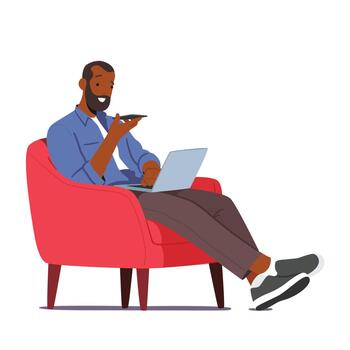 Man Character Using Chat Bot Service On His Smartphone And Laptop While Sitting On An Armchair. Artificial Intelligence vector