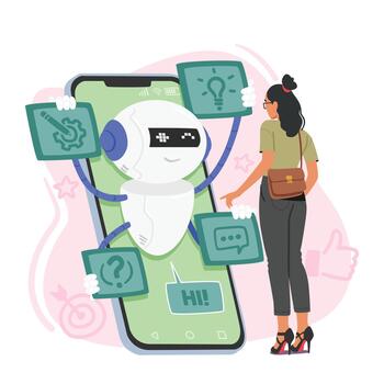 Woman Character Utilizing Chatbot Service On Her Phone Interacts With The Chat Bot To Resolve Querie Illustration vector