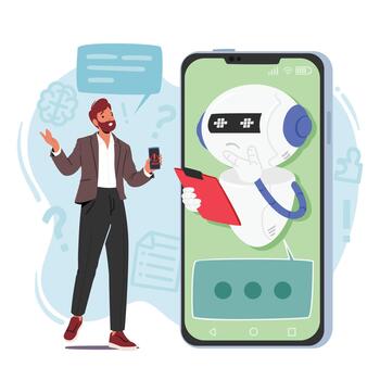 Man Character Utilizes Chatbot For Technical Support, Experiencing A Prompt, Automated, And Hassle-free Resolution vector