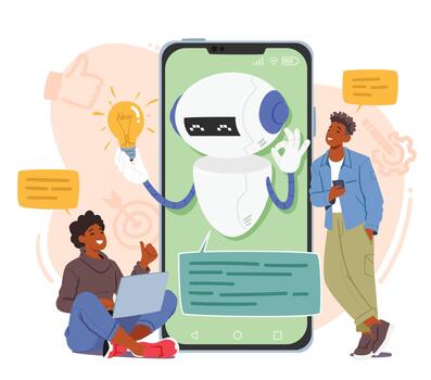 Characters Interact With Chatbot Services Through Smartphone Getting Instant Responses To Their Inquiries vector
