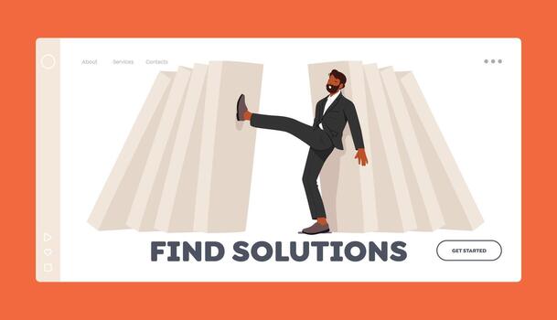 Problem Solving Landing Page Template. Domino Effect Or Business Resilience Metaphor. Man Pushing Falling Domino vector