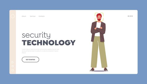 Security Technologies Landing Page Template. Male Character With Scanning Frame On Face Representing Concept vector