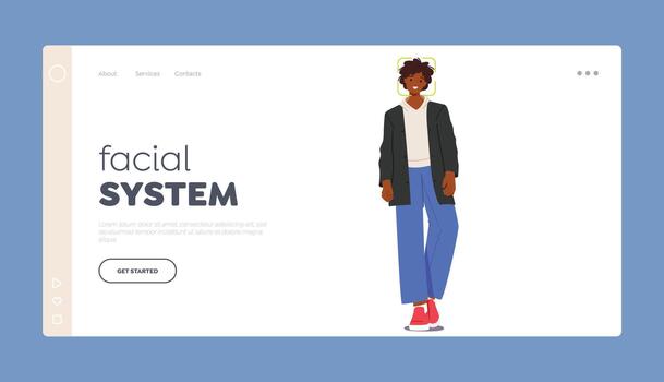 Facial Recognition System Landing Page Template. Female Character with Scanning Frame on Face. Id Verification vector