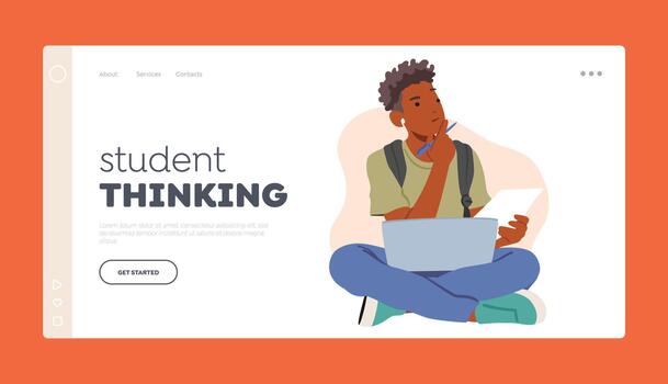 Student Thinking Landing Page Template. Pensive Boy Sitting With Laptop And Paper Sheet Think on task, Studying vector