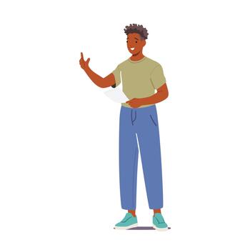 Student Male Character Standing With Sheet of Paper In Hand Reading or Making Report. Person Learn Illustration vector
