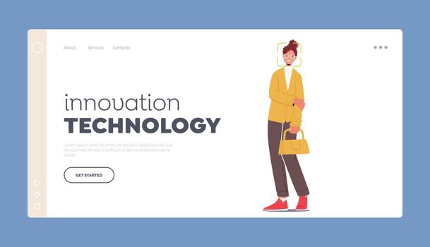 Innovation Technology Landing Page Template. Female Character With Scanning Frame On Face, Concept Of Facial Recognition vector