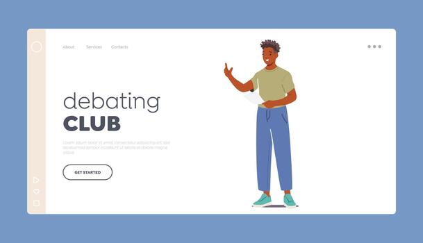 Debating Club Landing Page Template. Student Male Character Standing With Sheet of Paper In Hand Reading or Makes Report vector