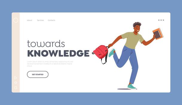Knowledge Landing Page Template. Concept of Urgency and Student Lifestyle. Student Male Character Running with Backpack vector