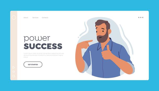Power Success Landing Page Template. Confident Man Pointing To Himself With Cheerful Expression. Concept of Positivity vector