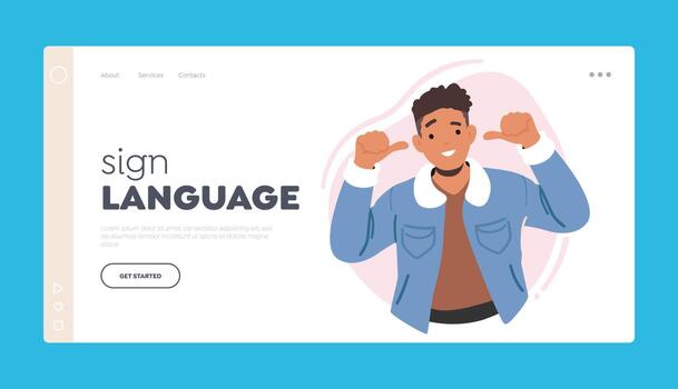 Sign Language Landing Page Template. Confident Man Pointing Towards Himself With Beaming Smile On Face vector