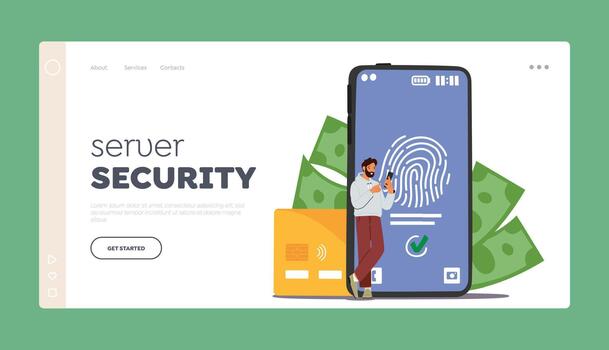 Server Security Landing Page Template. Tiny Character Stand By A Giant Phone With Fingerprint On Screen And Bank Cards vector