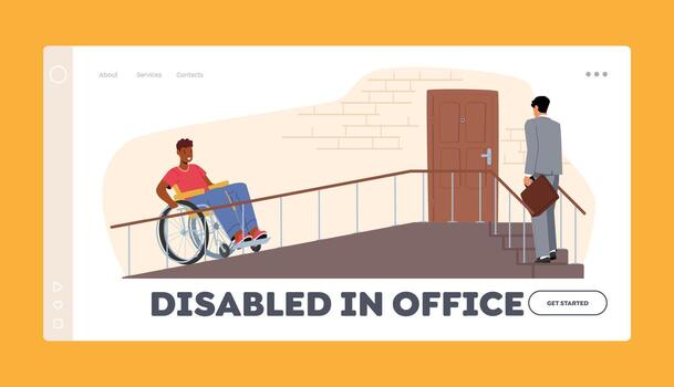 Disabled in Office Landing Page Template. Male Character on Wheelchair Using A Ramp To Access Building Porch vector
