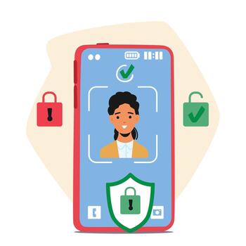 teléfono inteligente pantalla mostrando imagen de hembra cara con verde y rojo candados y blindaje. concepto de datos proteccion vector