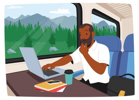 Man Using A Laptop While On A Train Commute. He Appears Focused And Productive Despite The Moving Vehicle vector