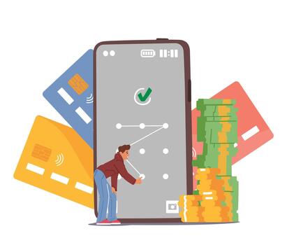 Tiny Male Character Enter Password Pattern On Huge Smartphone Screen. Data Protection Concept For Digital Security vector