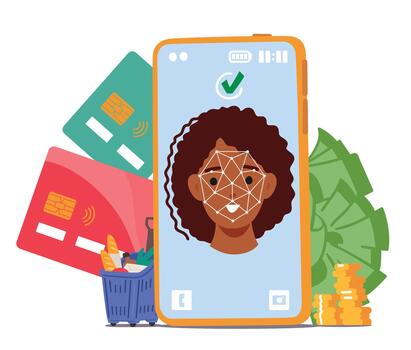 Phone Screen With Face Recognition. Concept Of Data Protection, Cybersecurity, Mobile Security, Biometric Authentication vector