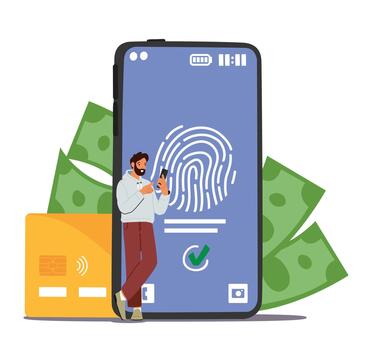 Tiny Character Stand By A Giant Phone With Fingerprint On Screen And Bank Cards. Concept Of Data Protection vector