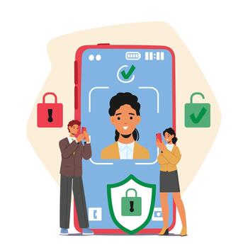Tiny Characters Stand Near Huge Phone Screen With Personal Data Displayed. Concept Of Data Security Illustration vector