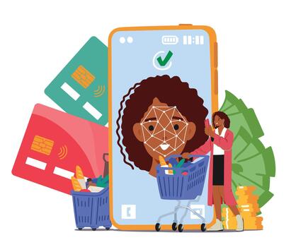 Tiny Female Character With Shopping Trolley Stand near Huge Phone Screen Displaying Facial Recognition Tech vector