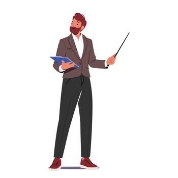 Male Teacher Character Holding Pointer And Clipboard While Explain Lesson, Doing Presentation Illustration vector