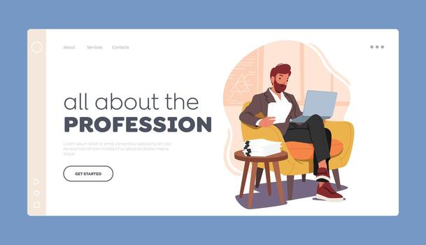 Teacher Profession Landing Page Template. Male Character In Classroom, Holding Notebook While Grading Tests vector