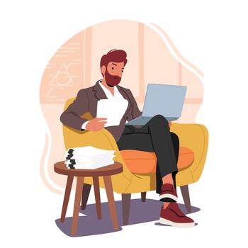 Male Teacher Character In Classroom, Holding Notebook While Grading Tests. Educator In Assessing Student Performance vector