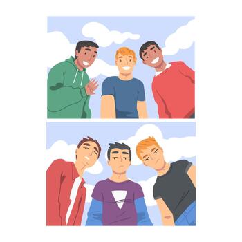 Group of Young Smiling Man Looking at Camera from Above Making Selfie Set vector