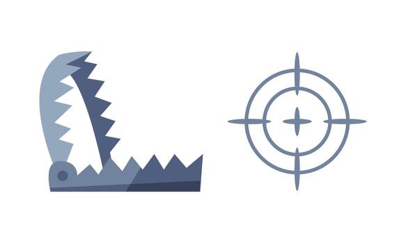 Open Metal Trap with Sharp Toothed Edge and Gun Aim Sight as Hunting Set vector