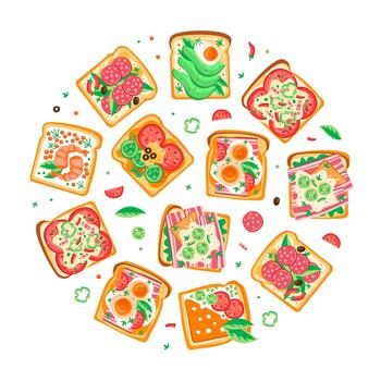 Tasty Toast with Wurst, Sliced Bacon and Egg on Top of It Circle Arrangement vector