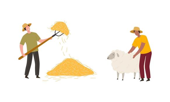 Man Farmer in Straw Hat Stroking Sheep and Gathering Hay with Pitchfork Illustration Set vector