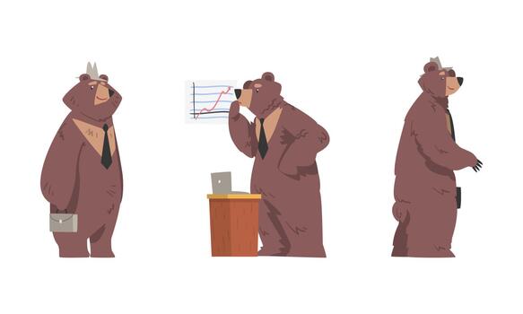 Bear Businessman Character in Tie Standing with Briefcase and Watching Chart Set vector