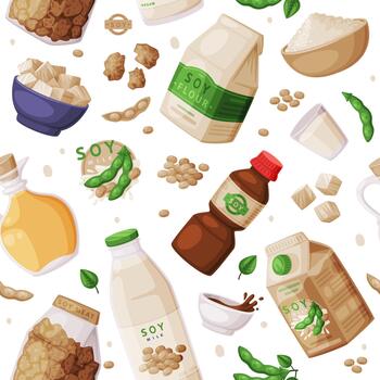 Soy Products from Soybean Plant with Soy Meat, Oil in Jar and Milk Seamless Pattern vector