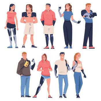 People Character with Robotic Body Parts or Prosthesis Functioning Set vector